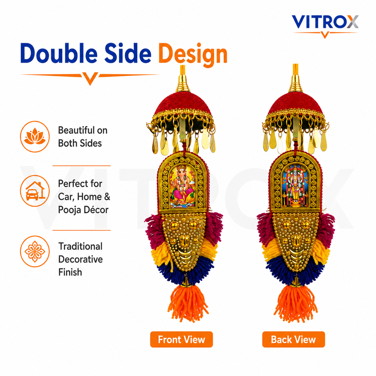 Vitrox Handmade Traditional Ganesha Hanging Décor – Double Side Design for Car, Home & Pooja Room | 25cm x 8cm