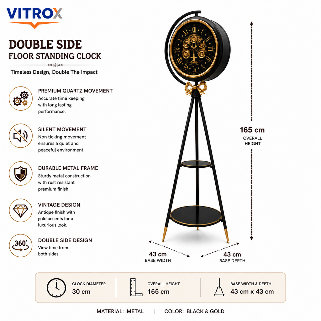 Double Side Floor Standing Clock with Metal Stand – Silent Quartz Vintage Display Clock (165 cm Height, Black & Gold)