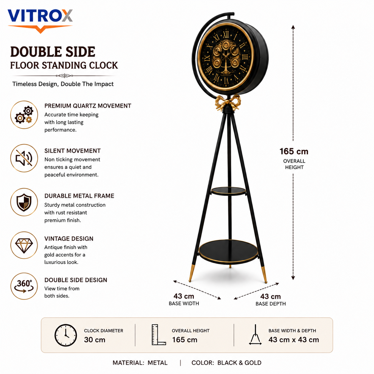 Double Side Floor Standing Clock with Metal Stand – Silent Quartz Vintage Display Clock (165 cm Height, Black & Gold)