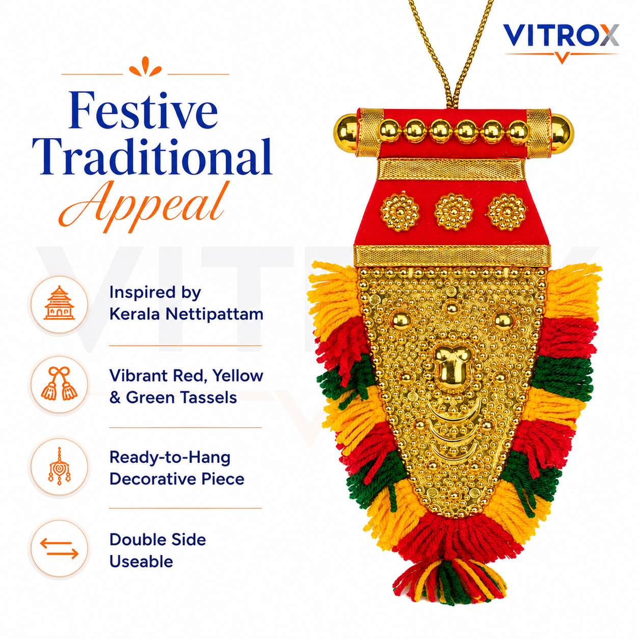 Vitrox Handmade Traditional Nettipattam Hanging NETTIPATTAM– Double Side Useable Car, Home & Pooja Room Décor | 20cm x 10cm