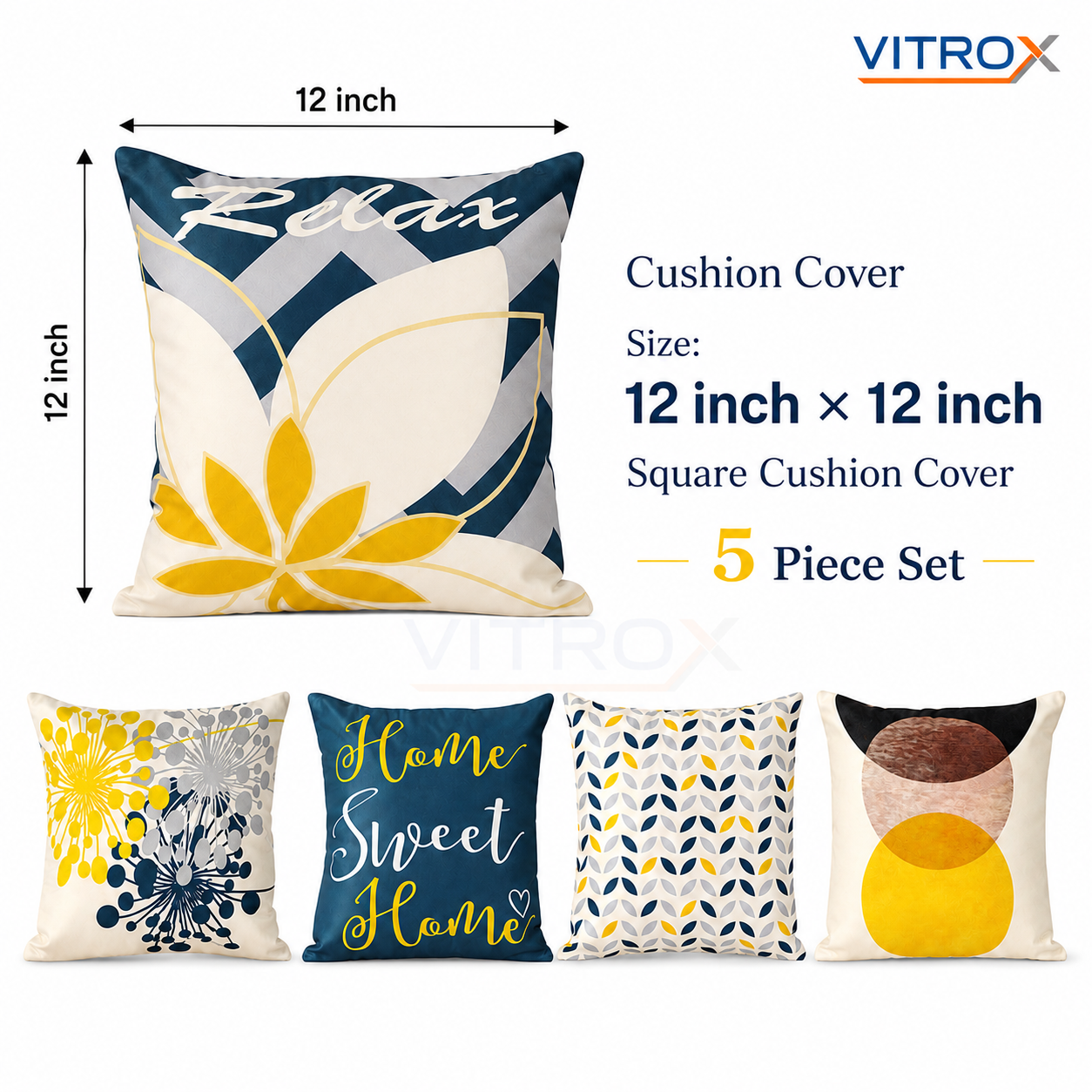 Vitrox Decorative Printed Cushion Cover Set – 5 Piece Set, 12 x 12 Inch Square Cushion Covers