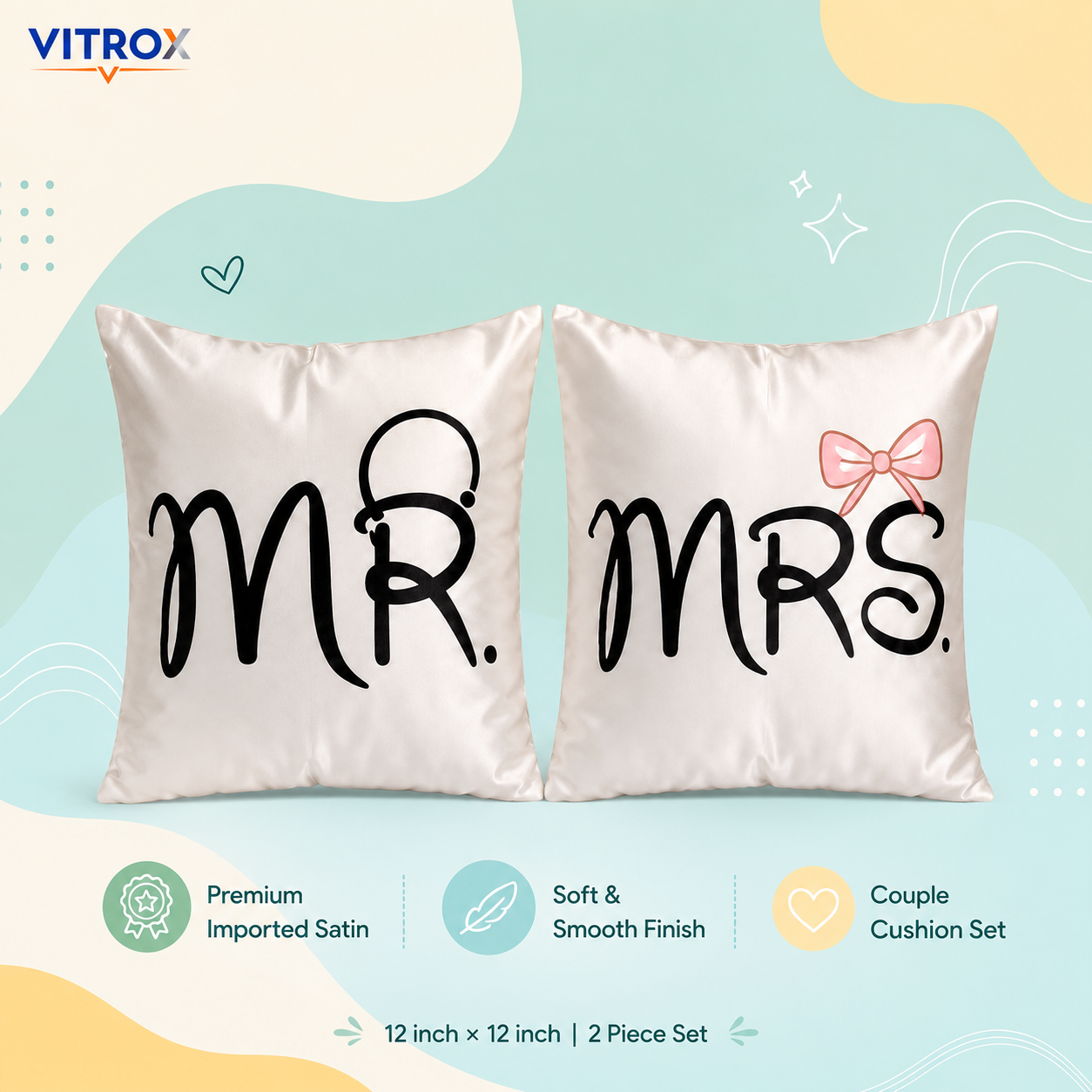 Vitrox MR & MRS Satin Cushion Cover Set – 2 Piece Set, 12 x 12 Inch Premium Imported Satin Cushion Covers