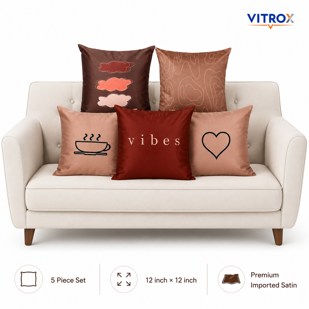 Vitrox Decorative Satin Cushion Cover Set – 5 Piece Set, 12 x 12 Inch Square Cushion Covers