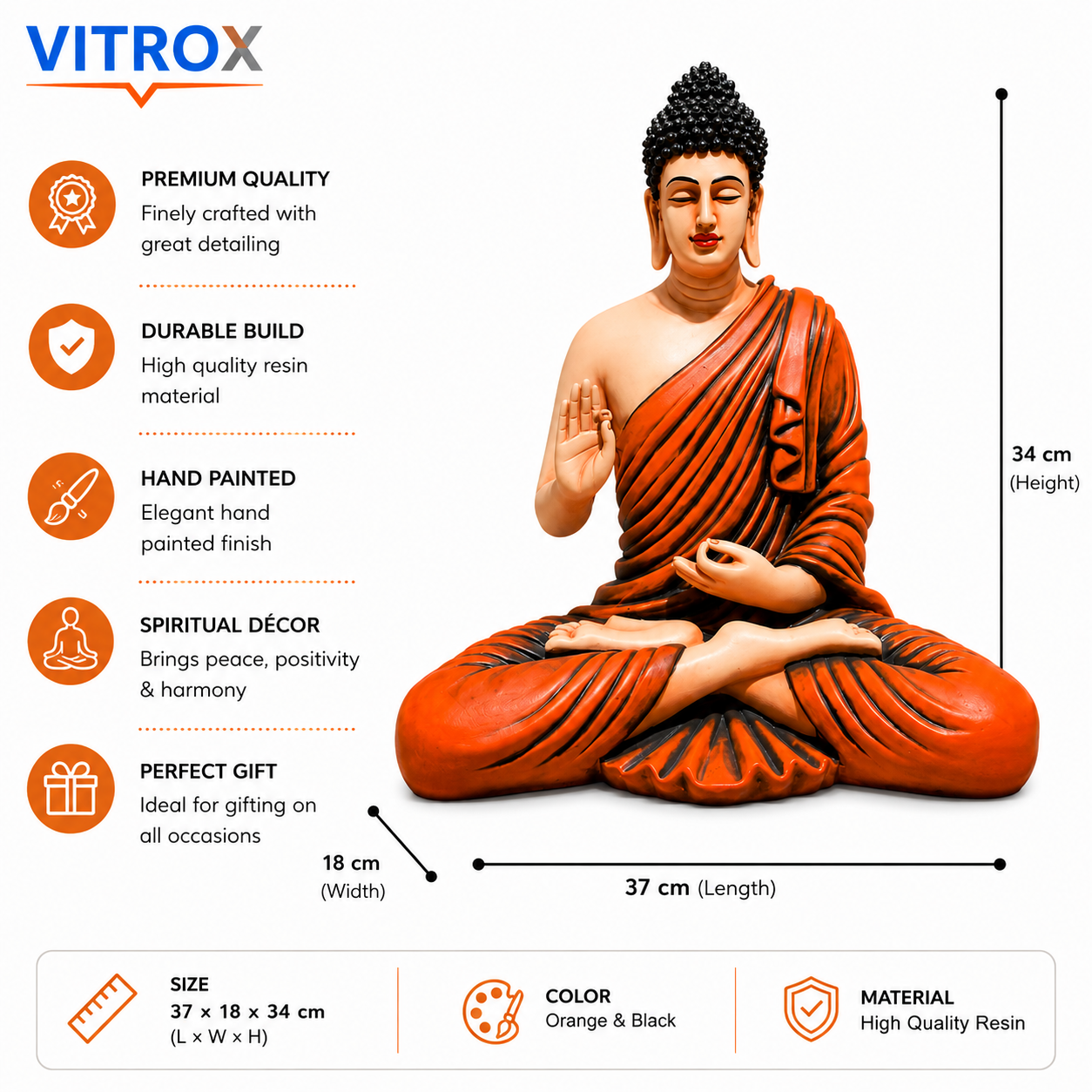 Premium Hand-Painted Meditating Buddha Statue – Resin Spiritual Home Décor Idol (37 × 18 × 34 cm, Orange & Black)