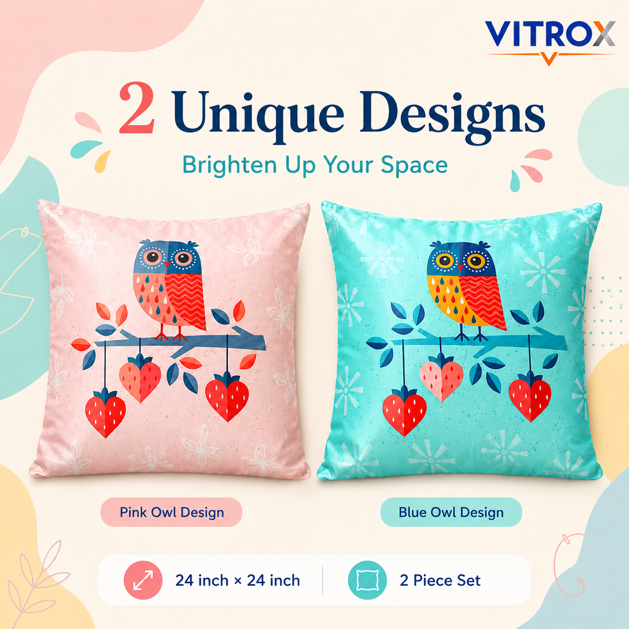 Vitrox Owl Printed Satin Cushion Cover Set – 2 Piece Set, 24 x 24 Inch Premium Imported Satin Cushion Covers