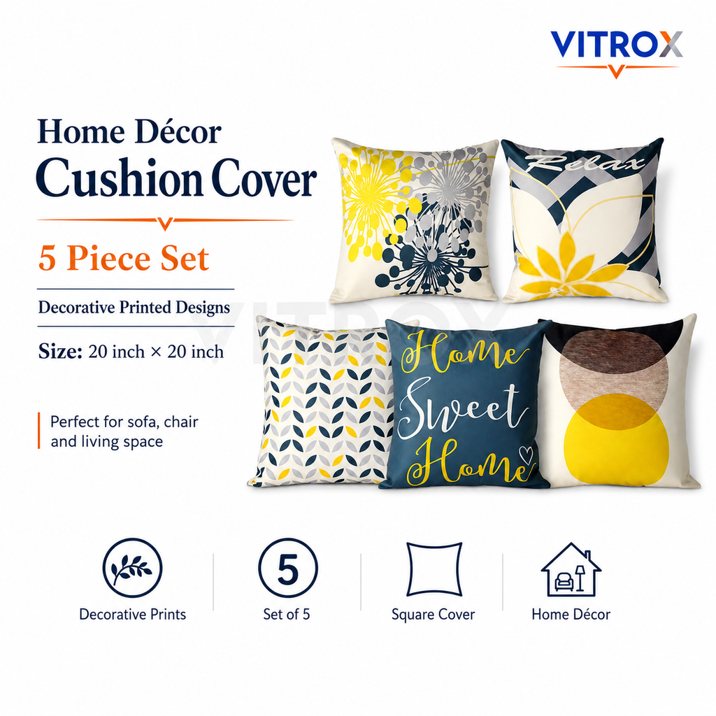 Vitrox Decorative Printed Cushion Cover Set – 5 Piece Set, 20 x 20 Inch Square Cushion Covers