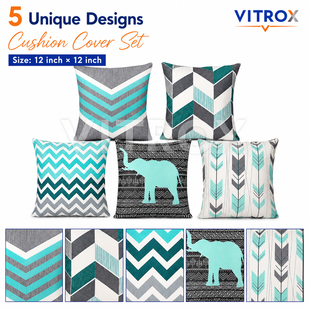 Vitrox Decorative Printed Cushion Cover Set – 5 Piece Set, 12 x 12 Inch Premium Satin Imported Cushion Covers