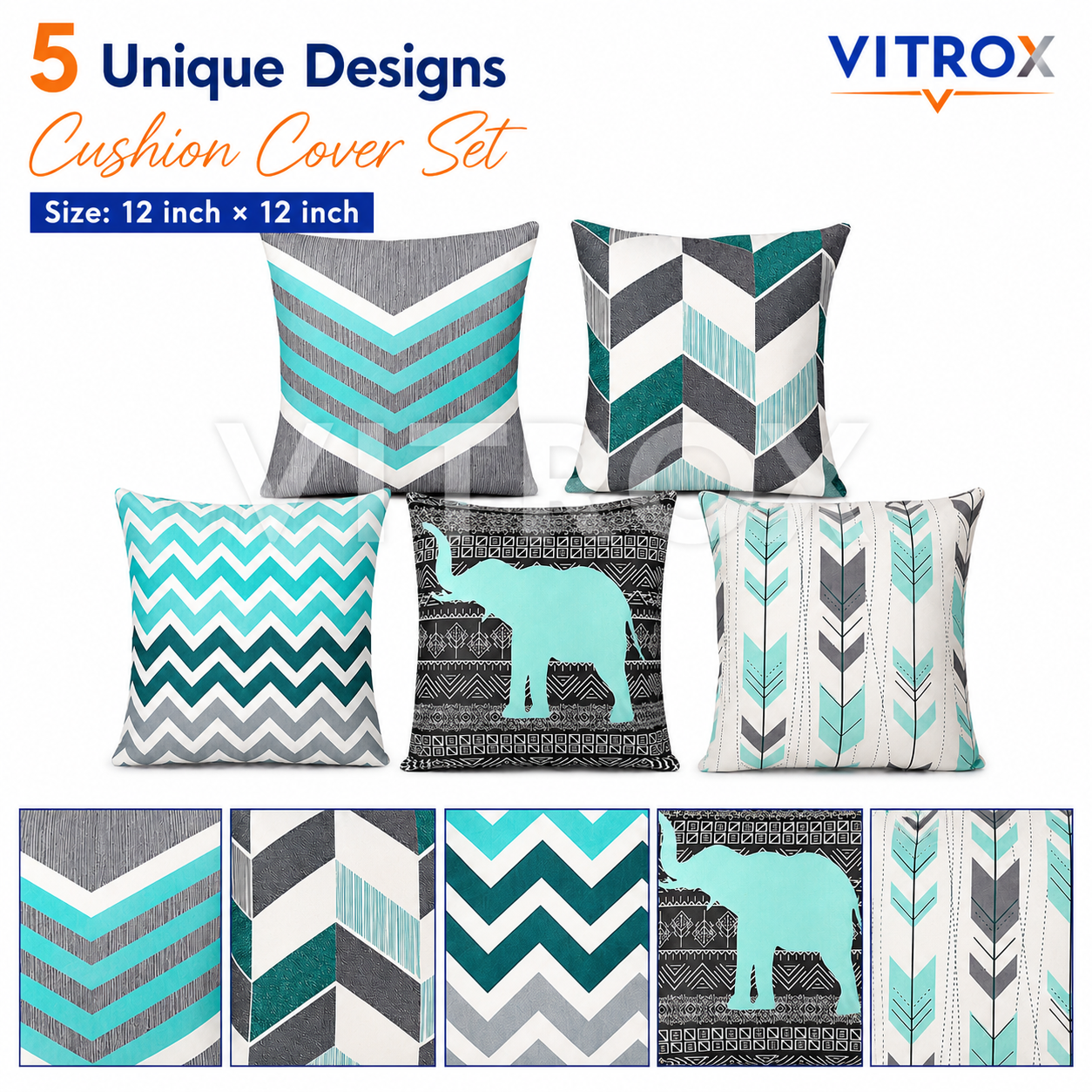 Vitrox Decorative Printed Cushion Cover Set – 5 Piece Set, 12 x 12 Inch Premium Satin Imported Cushion Covers