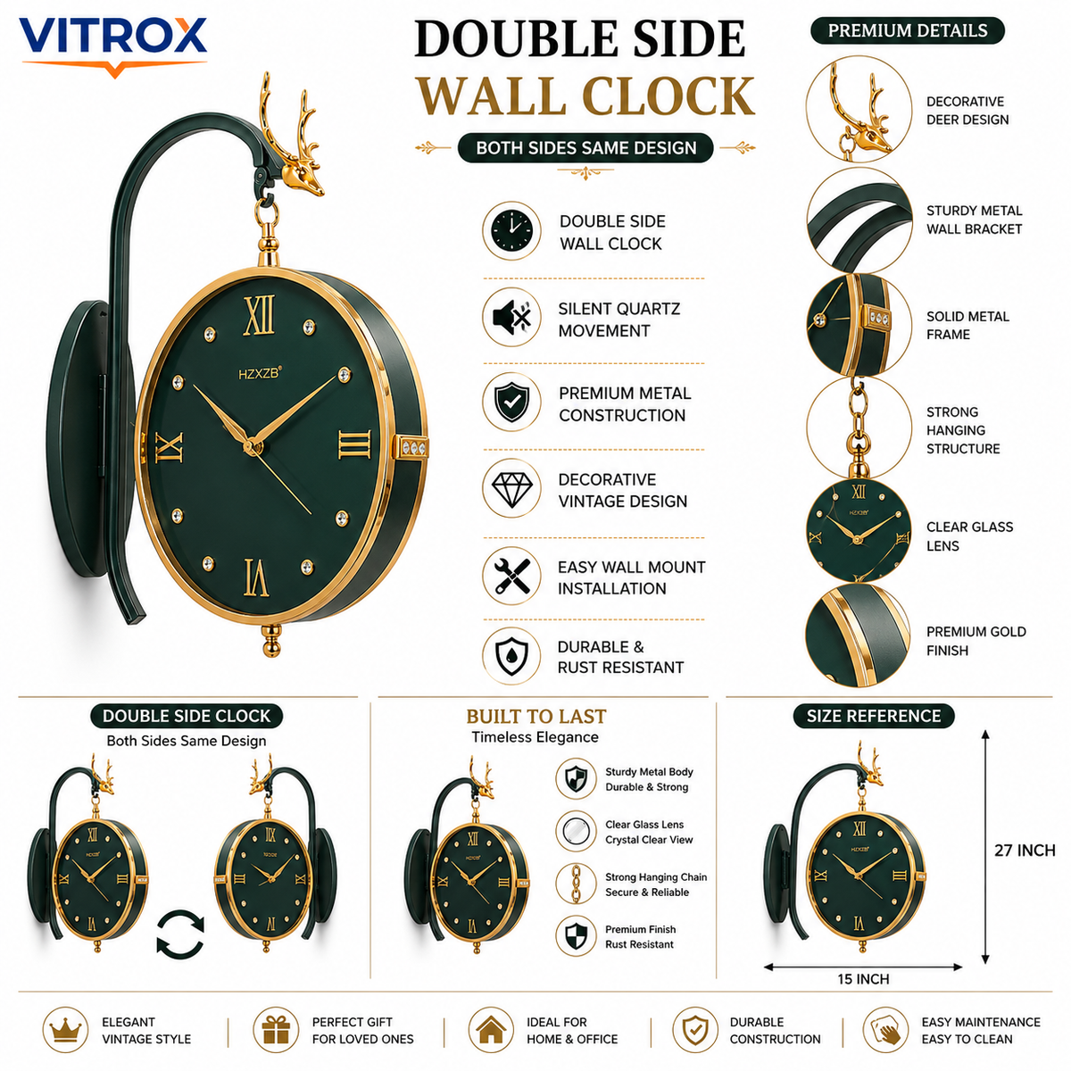 Vintage Double Side Wall Hanging Clock | Silent Quartz Movement | Premium Metal Decorative Clock | 27 × 15 Inch