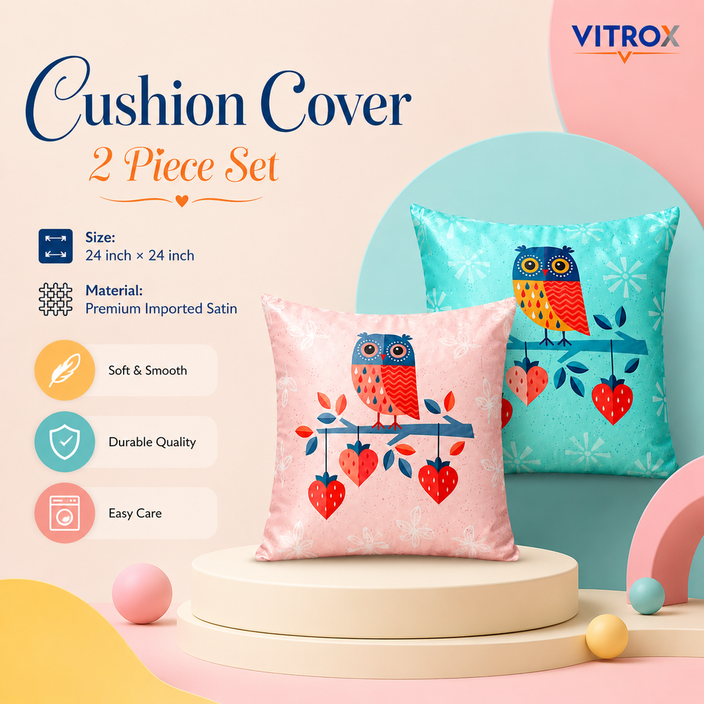 Vitrox Owl Printed Satin Cushion Cover Set – 2 Piece Set, 24 x 24 Inch Premium Imported Satin Cushion Covers
