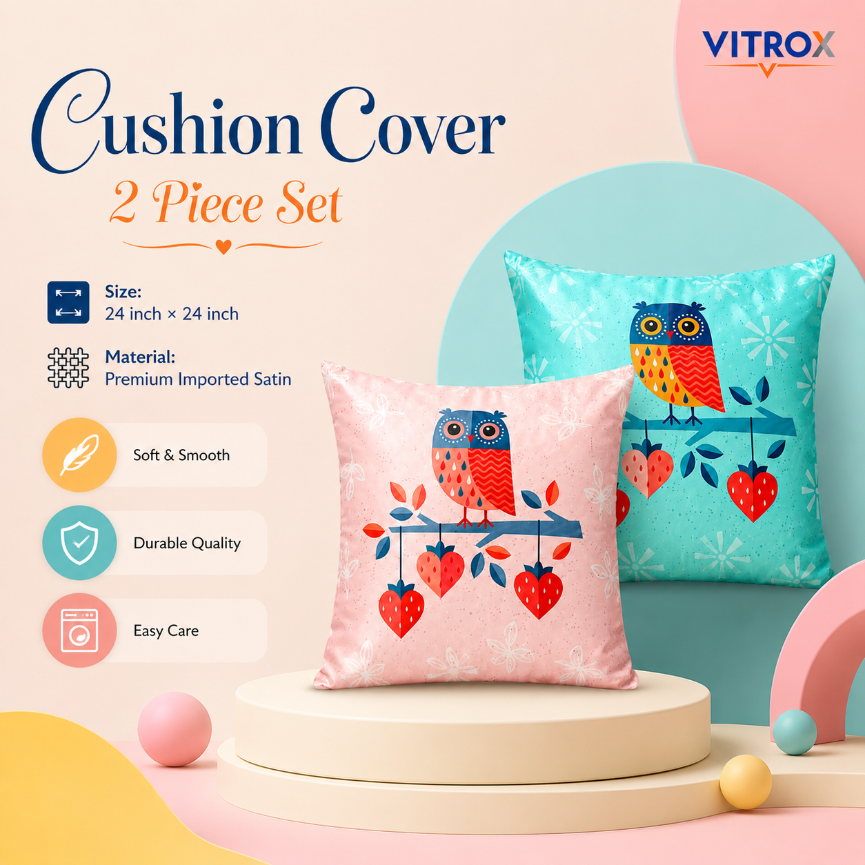 Vitrox Owl Printed Satin Cushion Cover Set – 2 Piece Set, 24 x 24 Inch Premium Imported Satin Cushion Covers