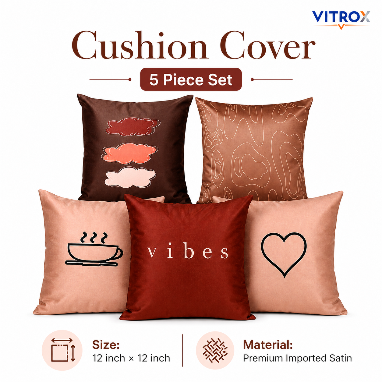 Vitrox Decorative Satin Cushion Cover Set – 5 Piece Set, 12 x 12 Inch Square Cushion Covers