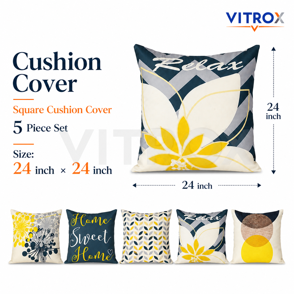 Vitrox Decorative Printed Cushion Cover Set – 5 Piece Set, 24 x 24 Inch Square Cushion Covers