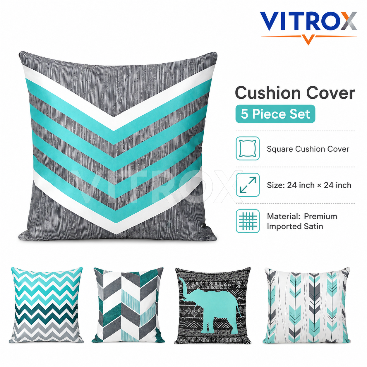 Vitrox Decorative Printed Cushion Cover Set – 5 Piece Set, 24 x 24 Inch Premium Imported Satin Cushion Covers