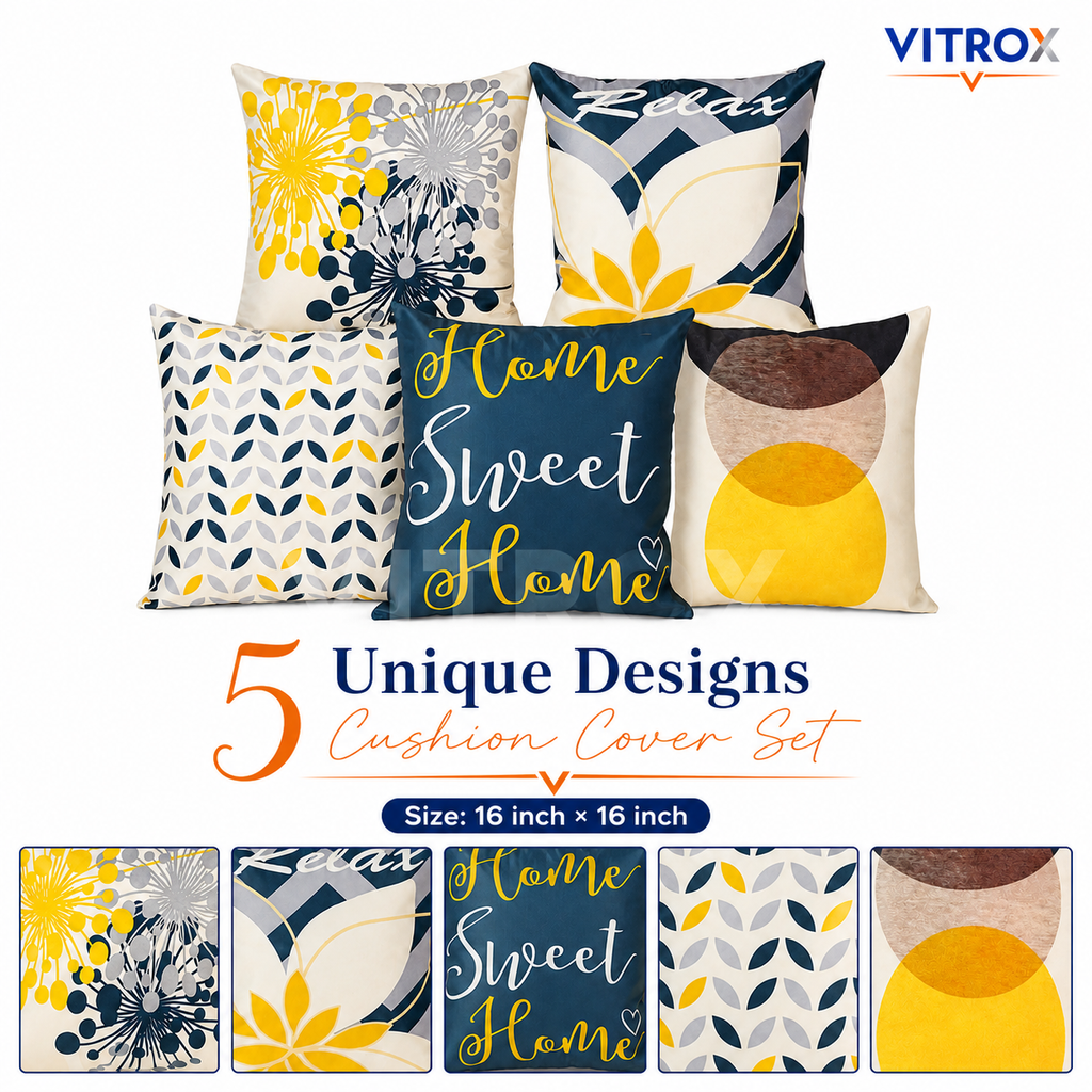 Vitrox Decorative Printed Cushion Cover Set – 5 Piece Set, 16 x 16 Inch Square Cushion Covers