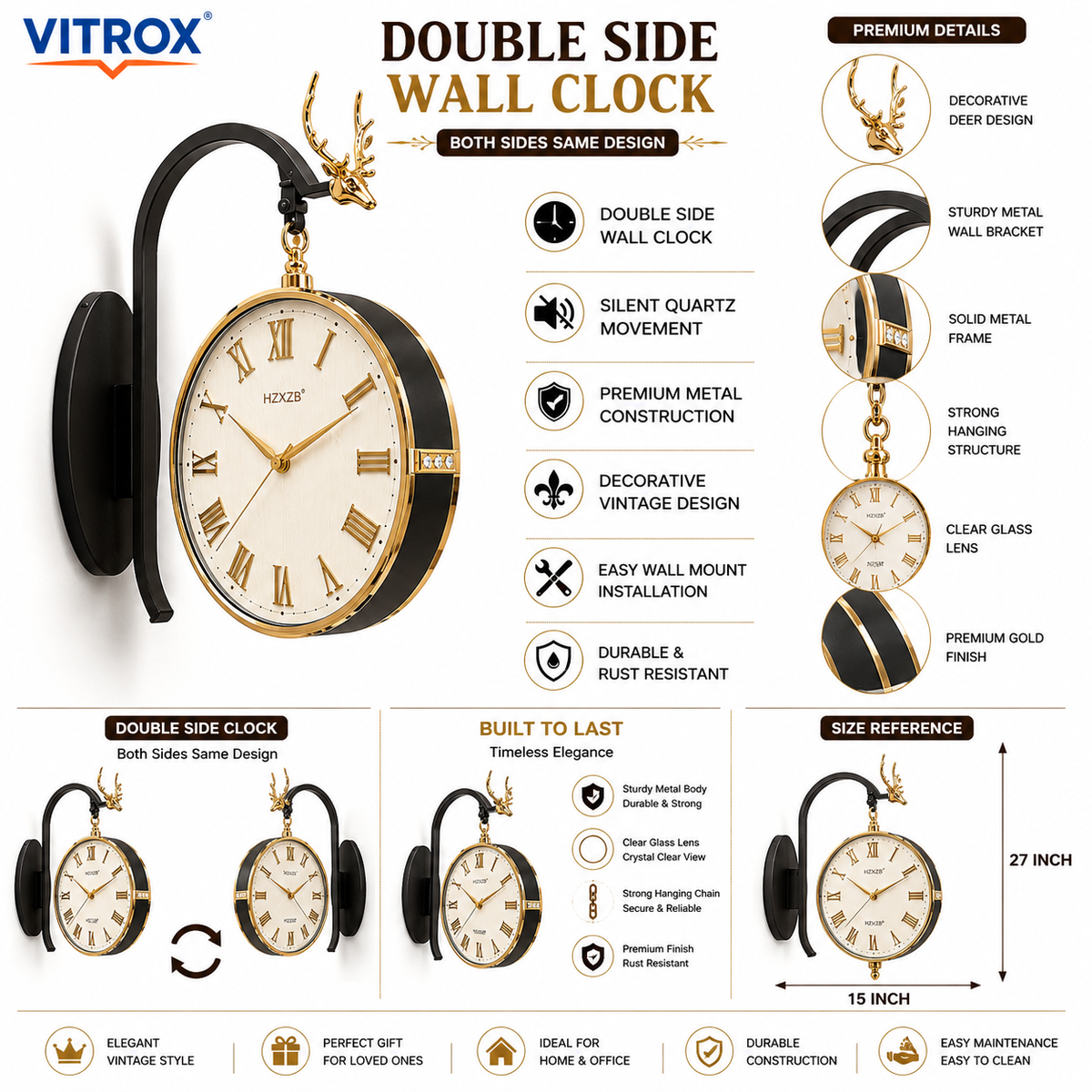 Vintage Double Side Wall Hanging Clock | Silent Quartz Movement | Premium Metal Decorative Clock | 27 × 15 Inch