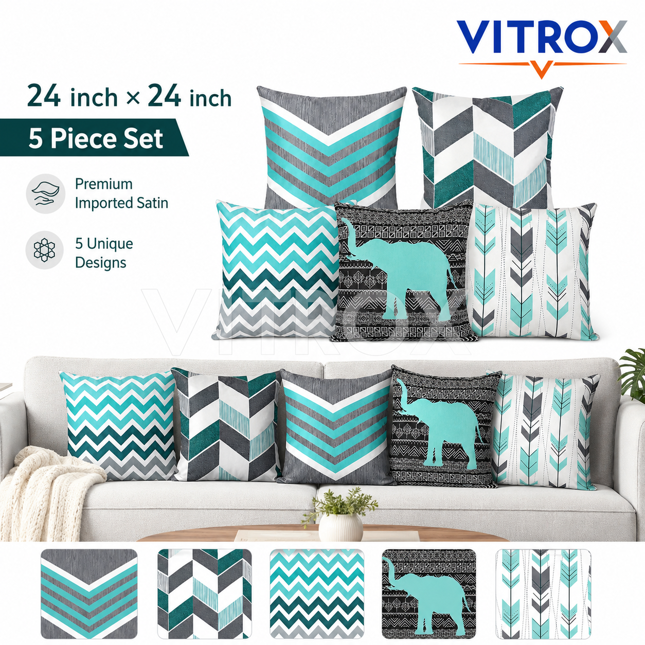 Vitrox Decorative Printed Cushion Cover Set – 5 Piece Set, 24 x 24 Inch Premium Imported Satin Cushion Covers