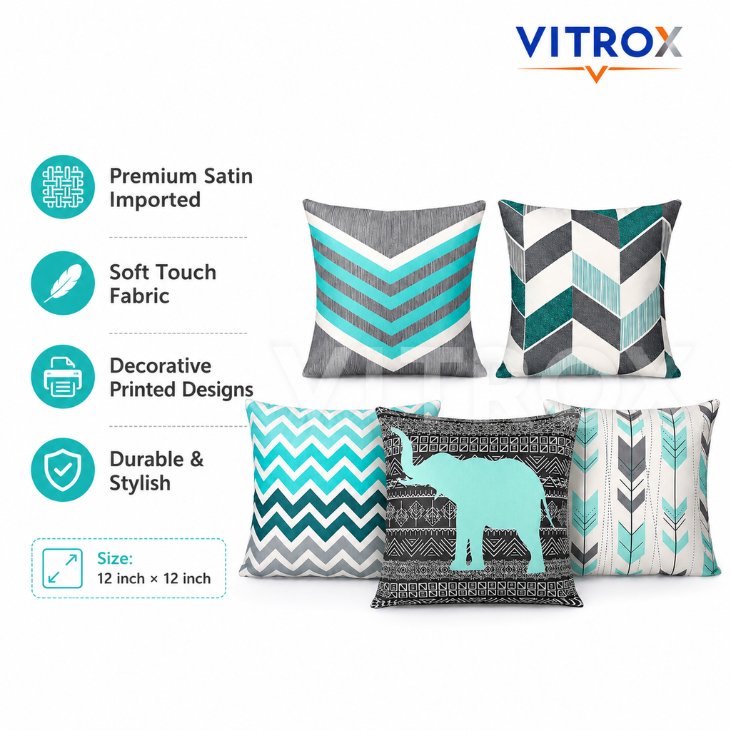 Vitrox Decorative Printed Cushion Cover Set – 5 Piece Set, 12 x 12 Inch Premium Satin Imported Cushion Covers