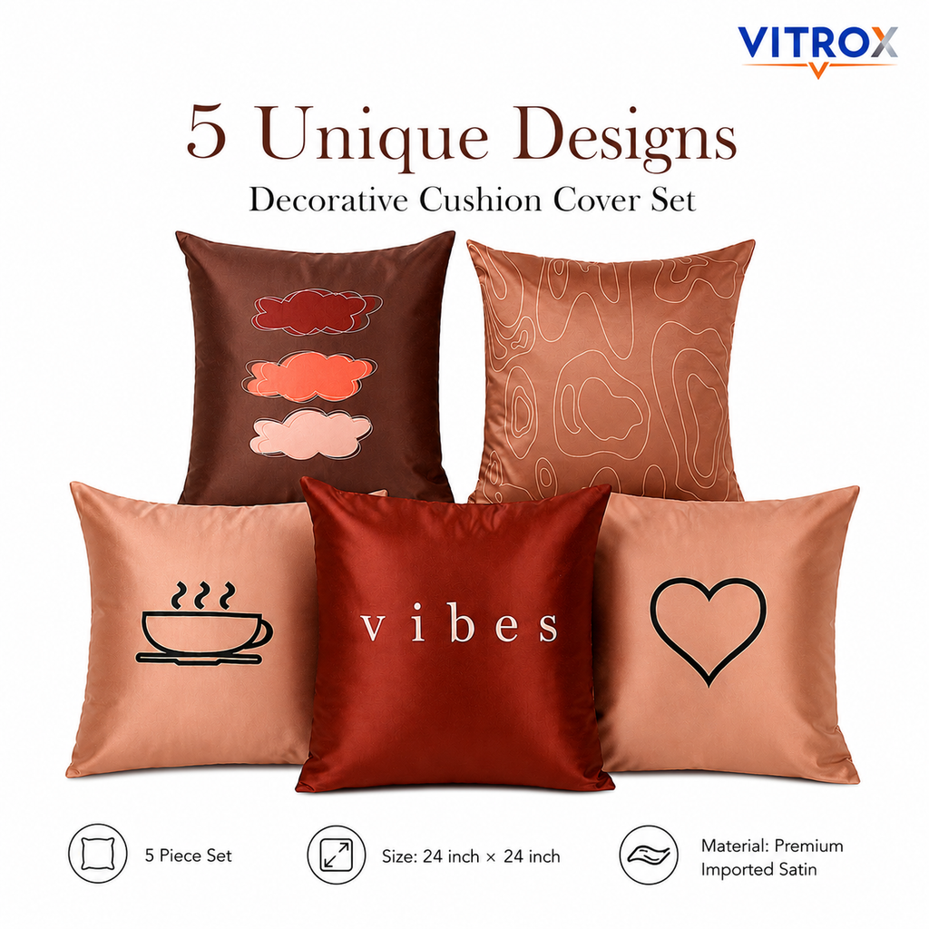 Vitrox Decorative Satin Cushion Cover Set – 5 Piece Set, 24 x 24 Inch Premium Imported Satin Cushion Covers