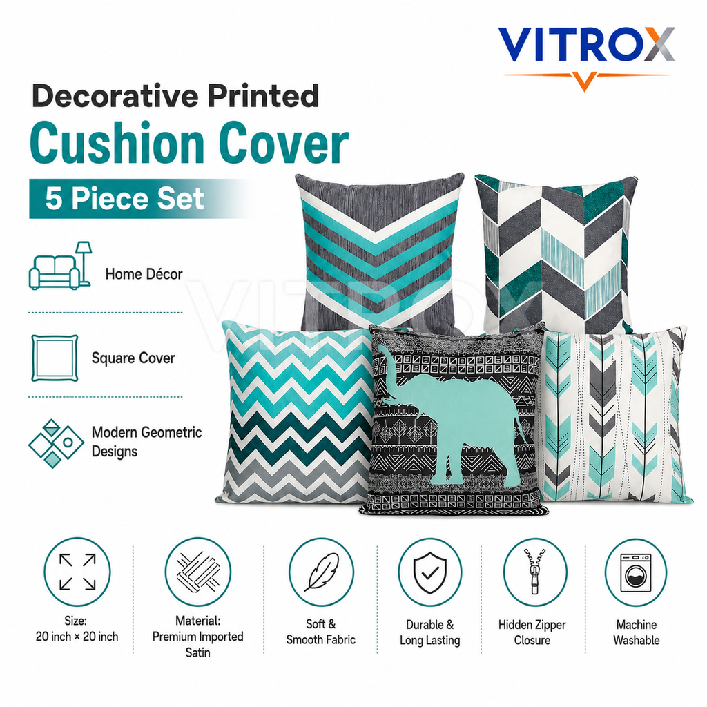 Vitrox Decorative Printed Cushion Cover Set – 5 Piece Set, 20 x 20 Inch Premium Imported Satin Cushion Covers