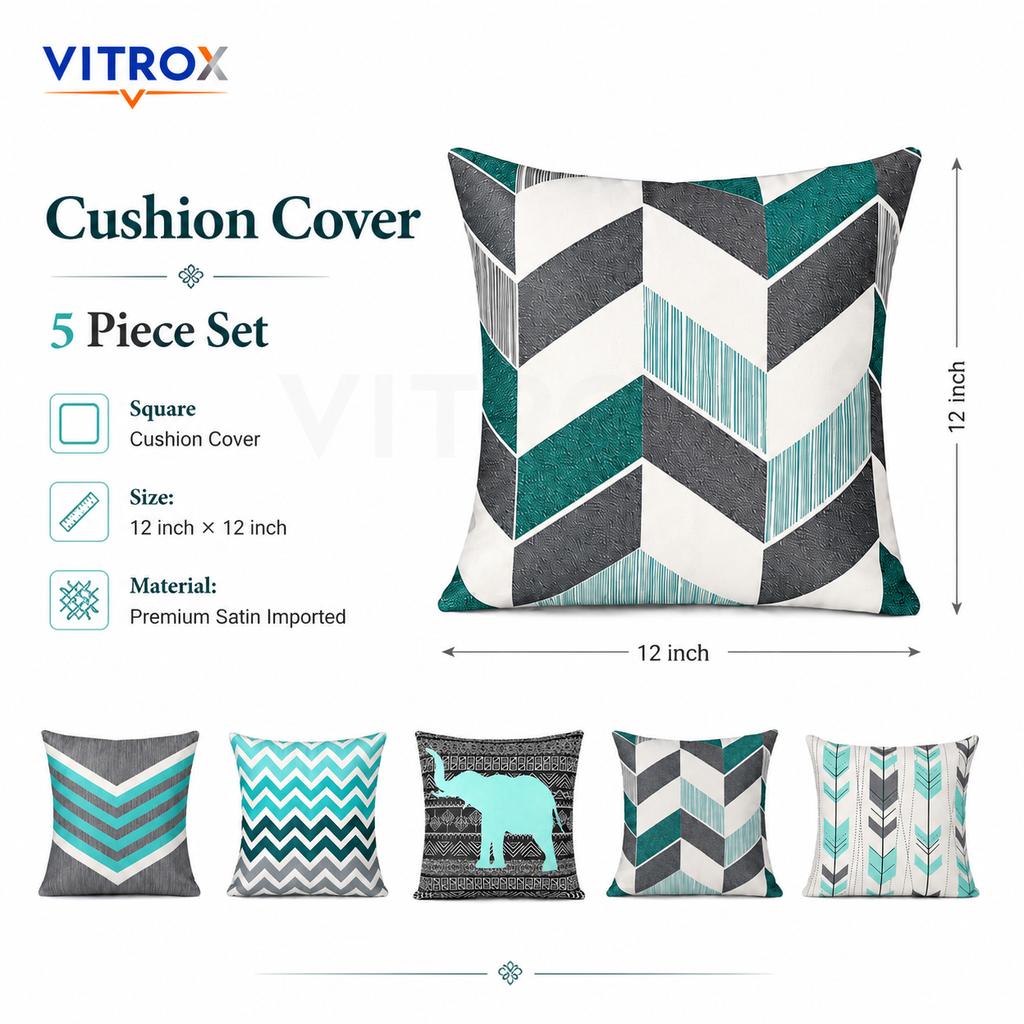 Vitrox Decorative Printed Cushion Cover Set – 5 Piece Set, 12 x 12 Inch Premium Satin Imported Cushion Covers