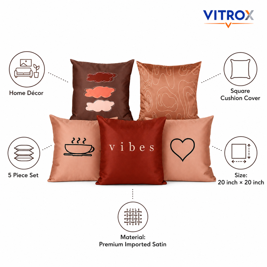 Vitrox Decorative Satin Cushion Cover Set – 5 Piece Set, 20 x 20 Inch Premium Imported Satin Cushion Covers