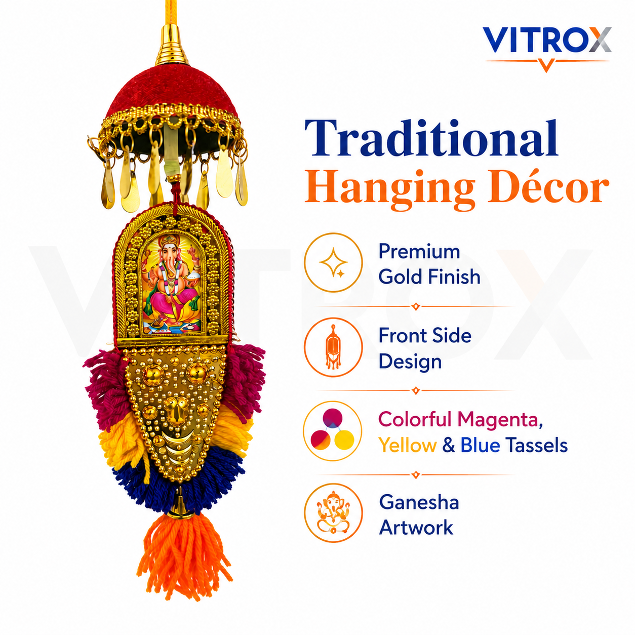 Vitrox Handmade Traditional Ganesha Hanging Décor – Double Side Design for Car, Home & Pooja Room | 25cm x 8cm