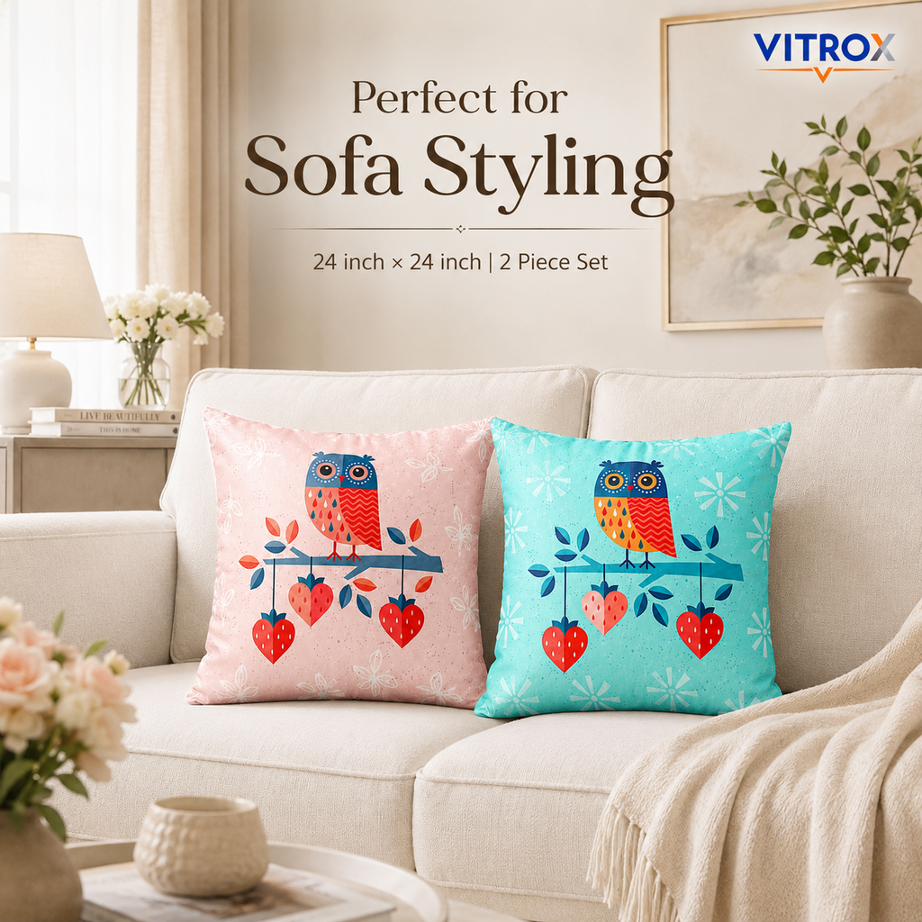 Vitrox Owl Printed Satin Cushion Cover Set – 2 Piece Set, 24 x 24 Inch Premium Imported Satin Cushion Covers