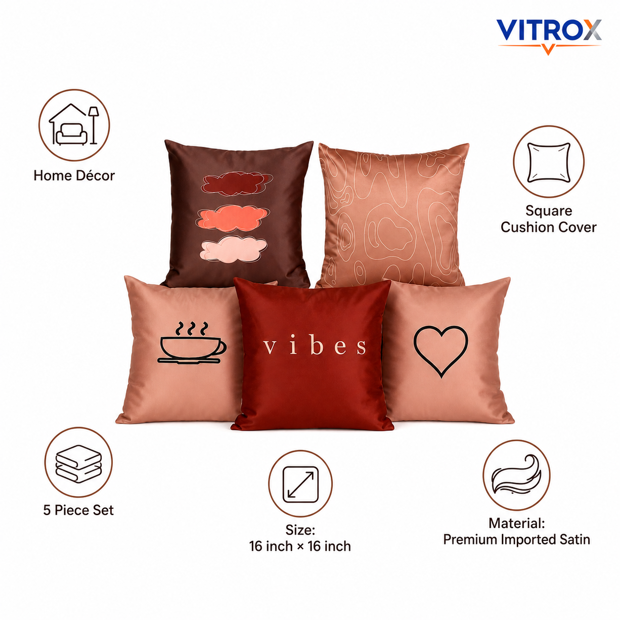 Vitrox Decorative Satin Cushion Cover Set – 5 Piece Set, 16 x 16 Inch Premium Imported Satin Cushion Covers