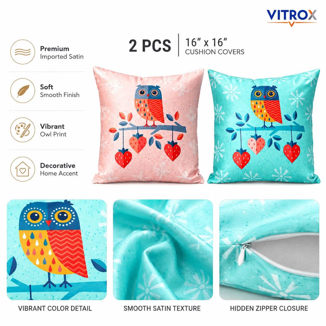 Vitrox Owl Printed Satin Cushion Cover Set – 2 Piece Set, 16 x 16 Inch Premium Imported Satin Cushion Covers