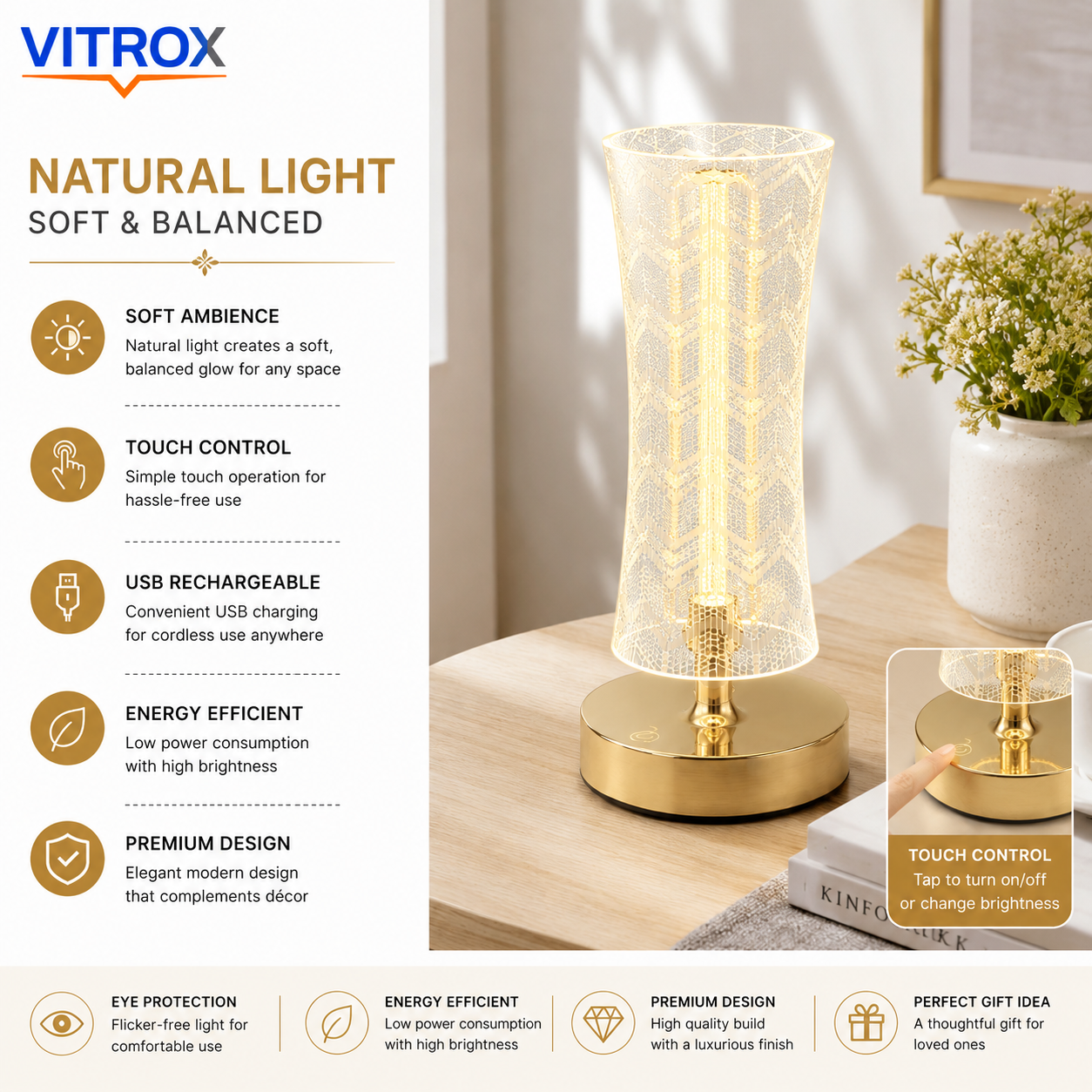 USB Rechargeable Touch Control LED Table Lamp – Natural Light Modern Bedside Decorative Lamp