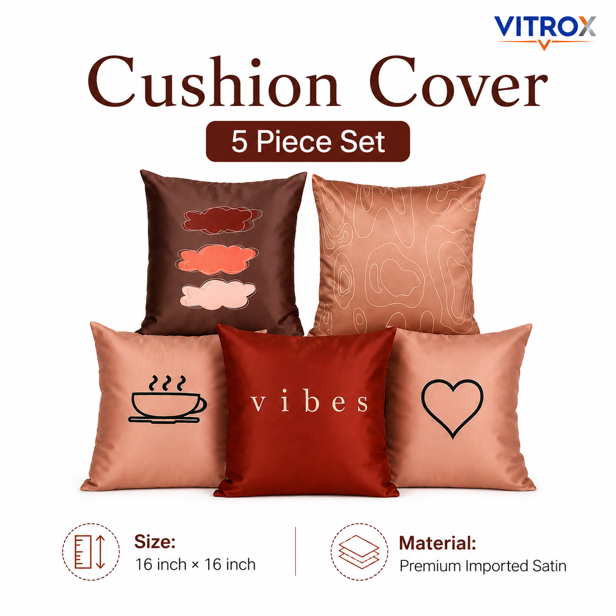 Vitrox Decorative Satin Cushion Cover Set – 5 Piece Set, 16 x 16 Inch Premium Imported Satin Cushion Covers