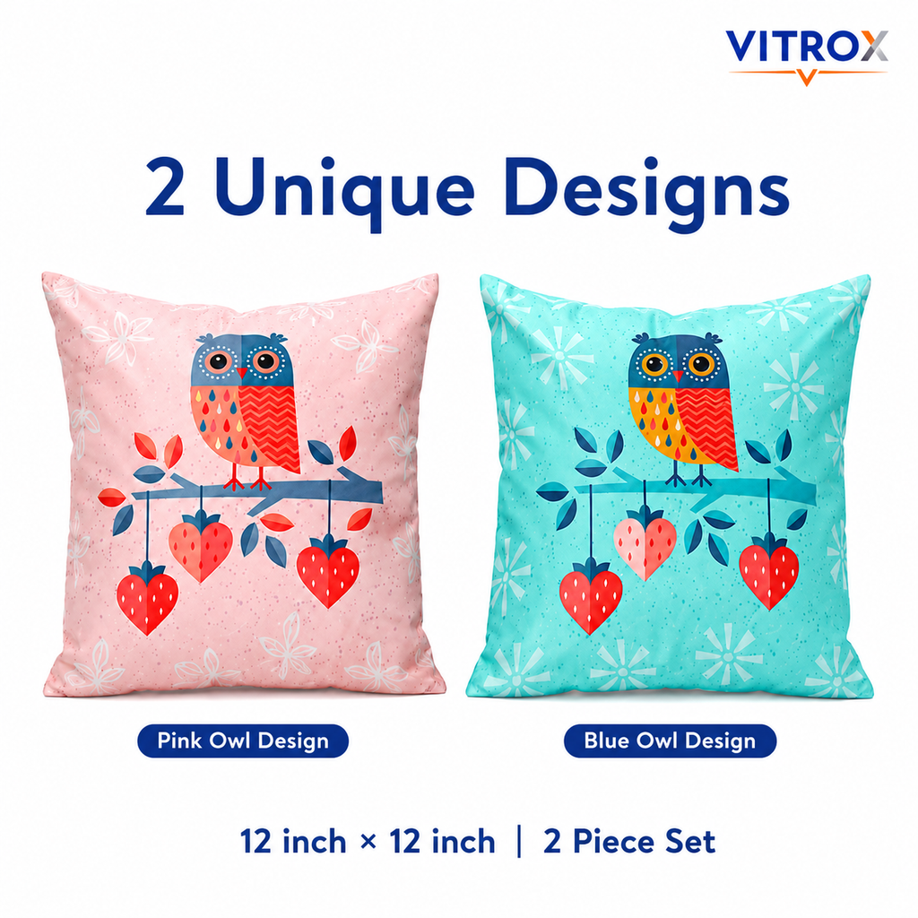 Vitrox Owl Printed Cushion Cover Set – 2 Piece Set, 12 x 12 Inch Premium Imported Satin Cushion Covers