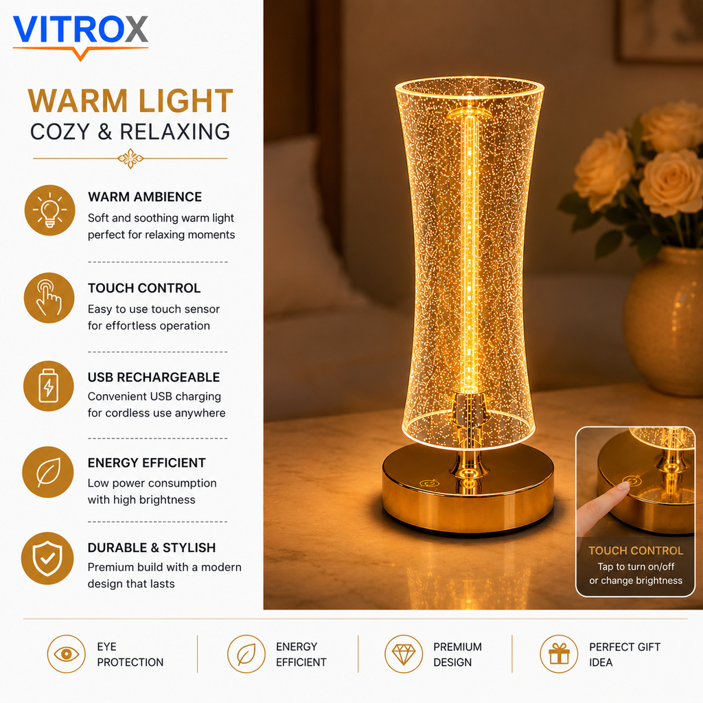 USB Rechargeable Touch Control LED Table Lamp – Modern Warm Light Bedside Decorative Lamp