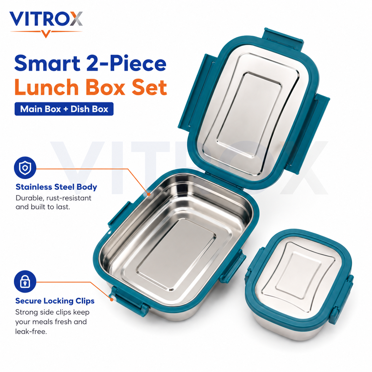 Vitrox Fully Leak Proof Stainless Steel Lunch Box Set with Dish Box – TEAL BLUE | 650 ml + 150 ml