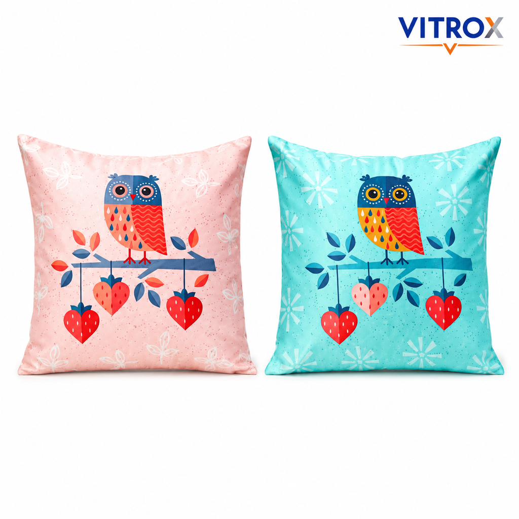 Vitrox Owl Printed Cushion Cover Set – 2 Piece Set, 20 x 20 Inch Premium Imported Satin Cushion Covers