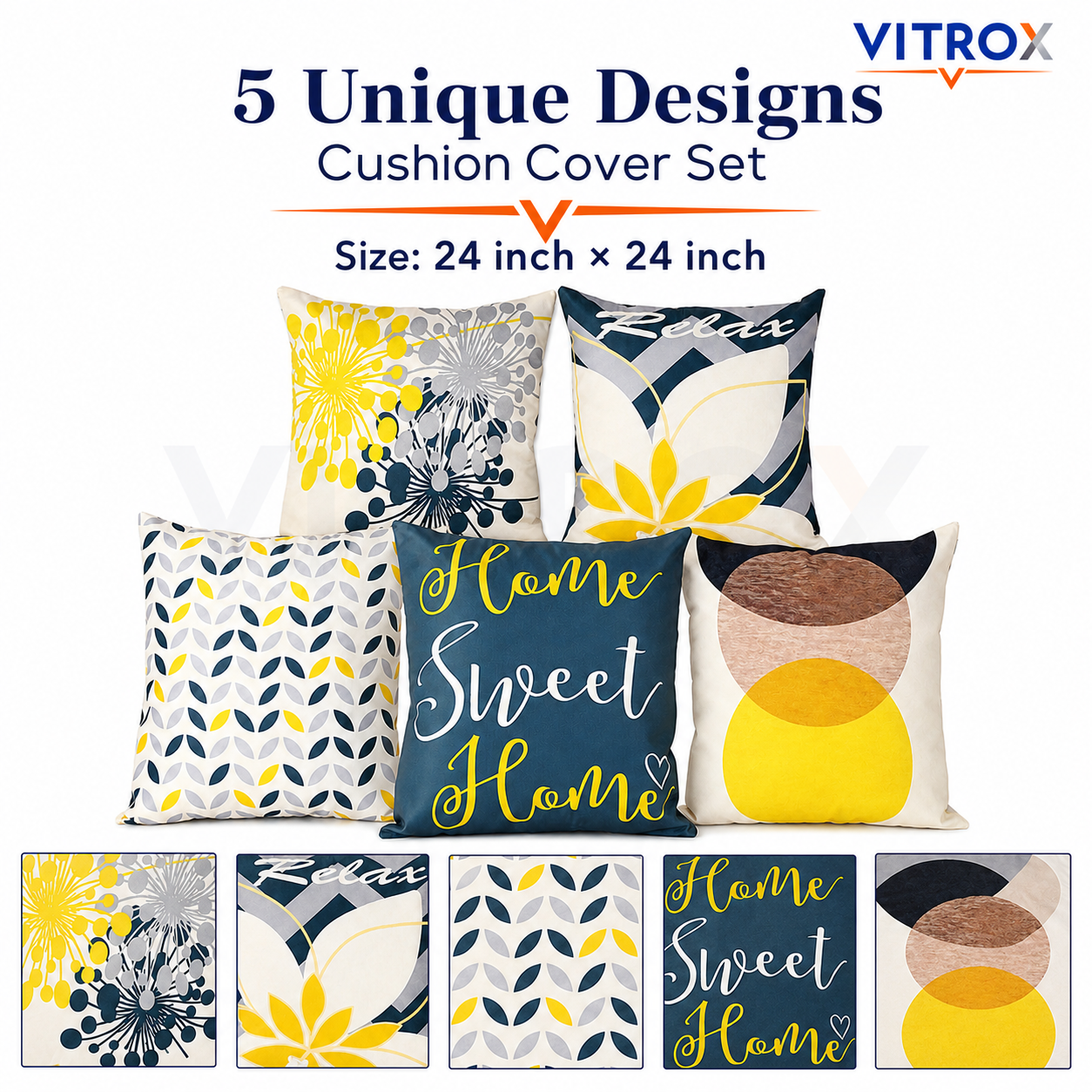 Vitrox Decorative Printed Cushion Cover Set – 5 Piece Set, 24 x 24 Inch Square Cushion Covers