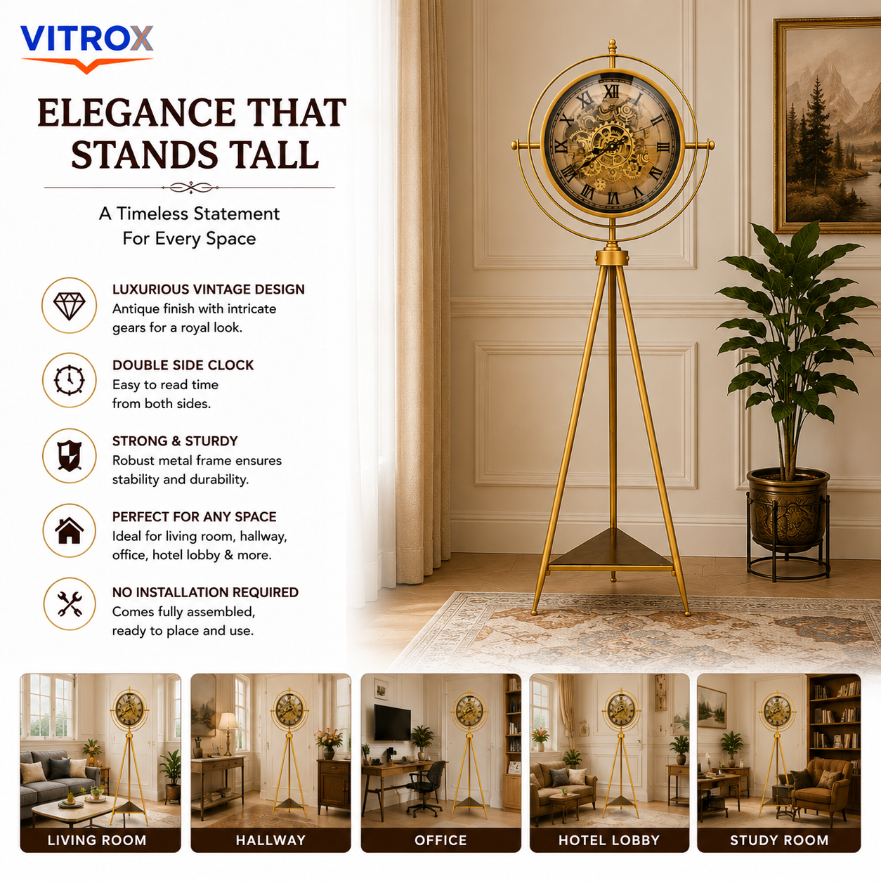 Double Side Floor Standing Clock – Premium Metal Silent Quartz Vintage Display Clock (150 cm Height, Gold Finish)