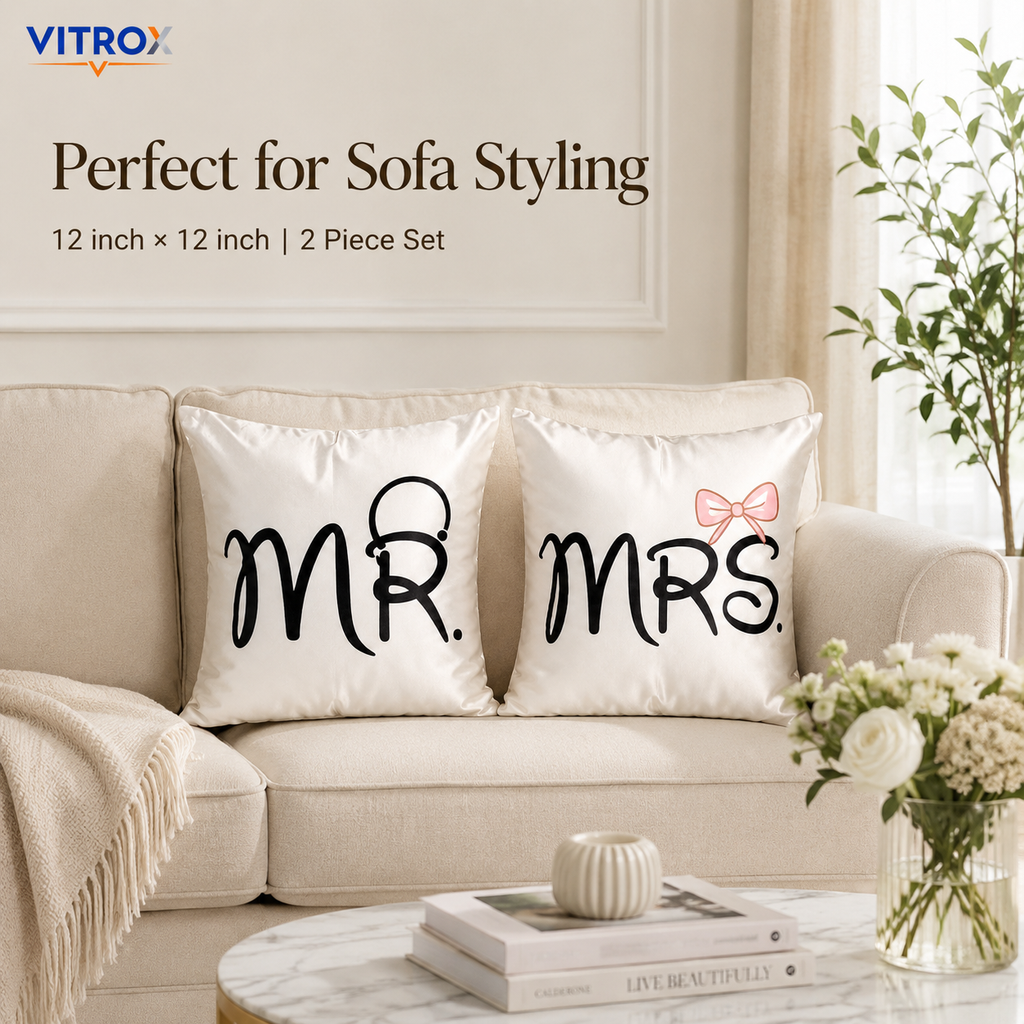 Vitrox MR & MRS Satin Cushion Cover Set – 2 Piece Set, 12 x 12 Inch Premium Imported Satin Cushion Covers