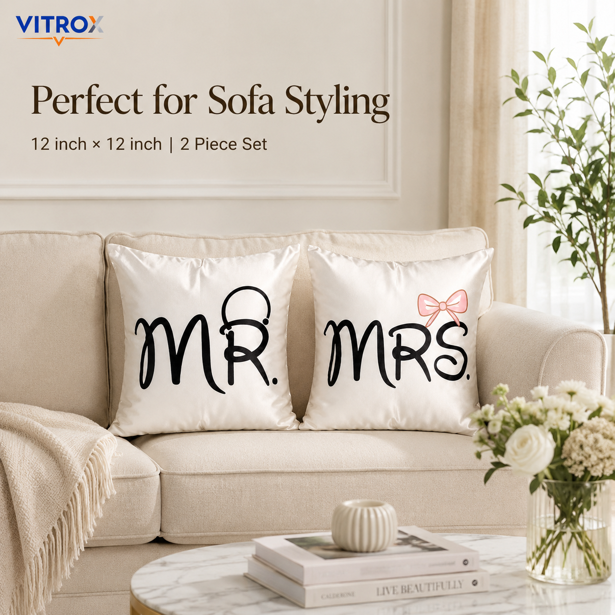Vitrox MR & MRS Satin Cushion Cover Set – 2 Piece Set, 12 x 12 Inch Premium Imported Satin Cushion Covers