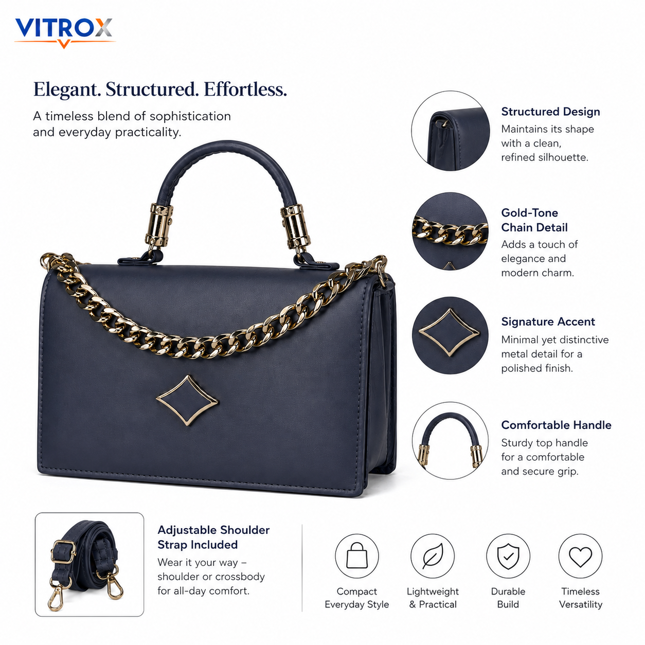 Women’s Structured Navy Blue Handbag with Adjustable Shoulder Strap