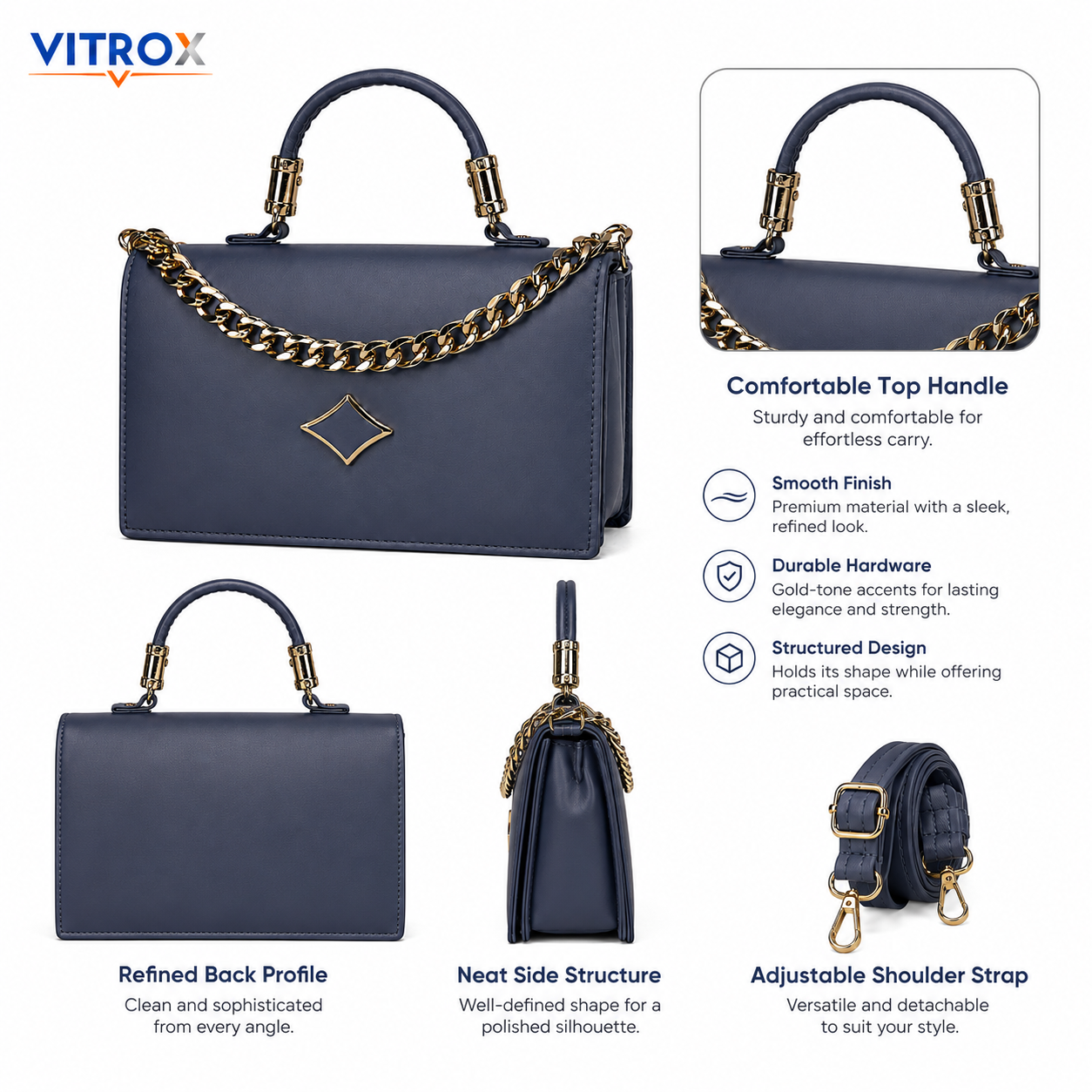 Women’s Structured Navy Blue Handbag with Adjustable Shoulder Strap