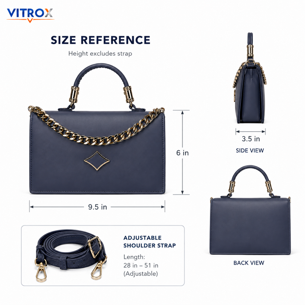 Women’s Structured Navy Blue Handbag with Adjustable Shoulder Strap