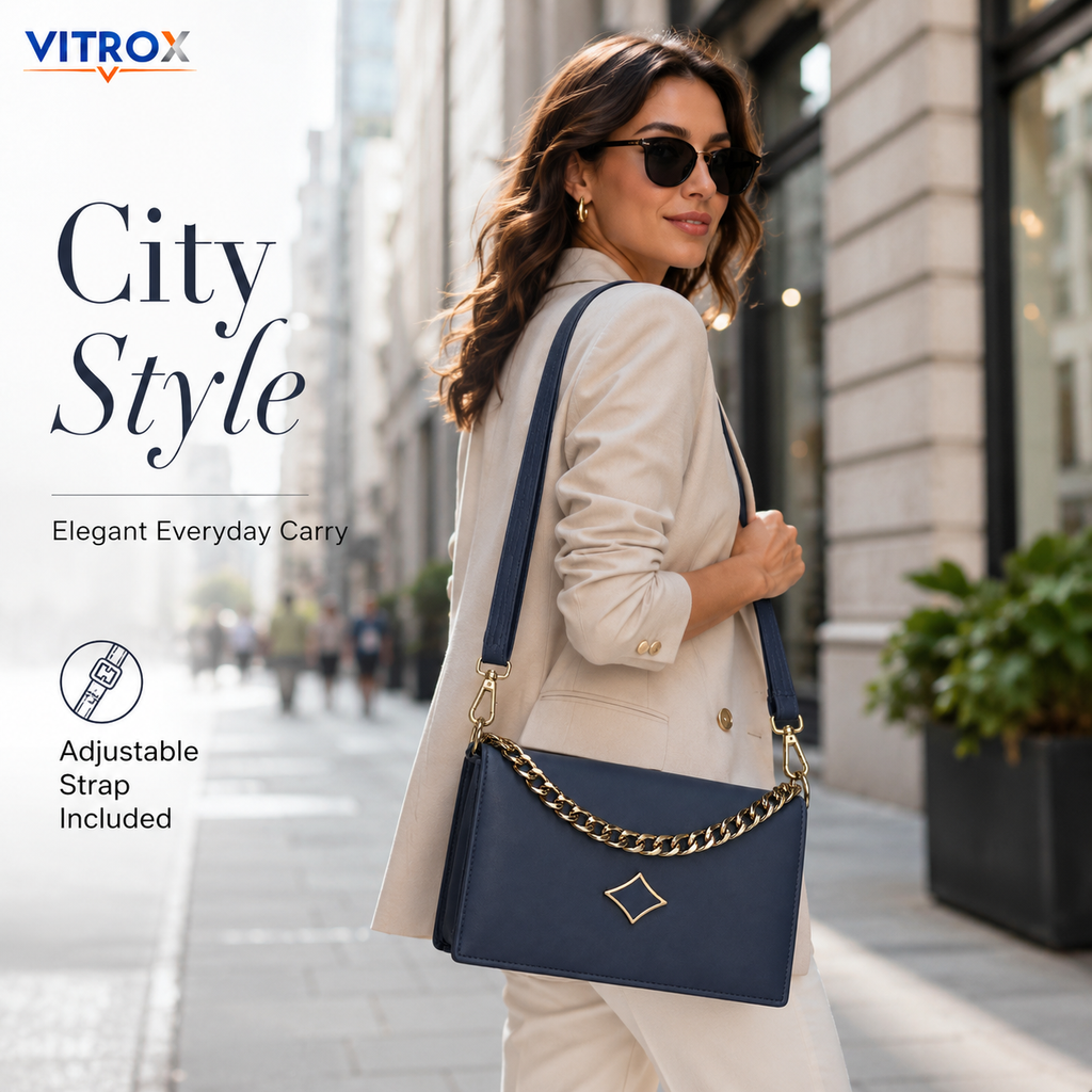 Women’s Structured Navy Blue Handbag with Adjustable Shoulder Strap