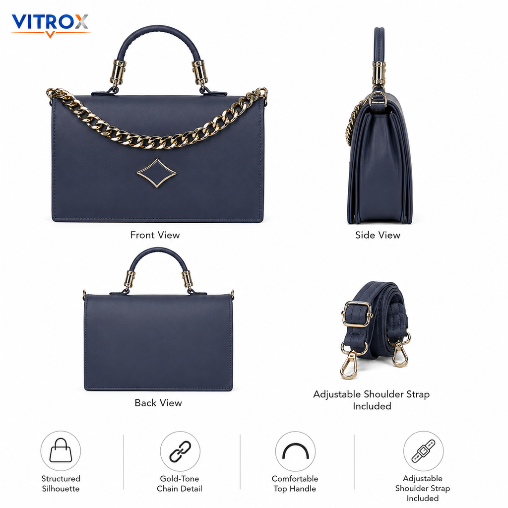 Women’s Structured Navy Blue Handbag with Adjustable Shoulder Strap