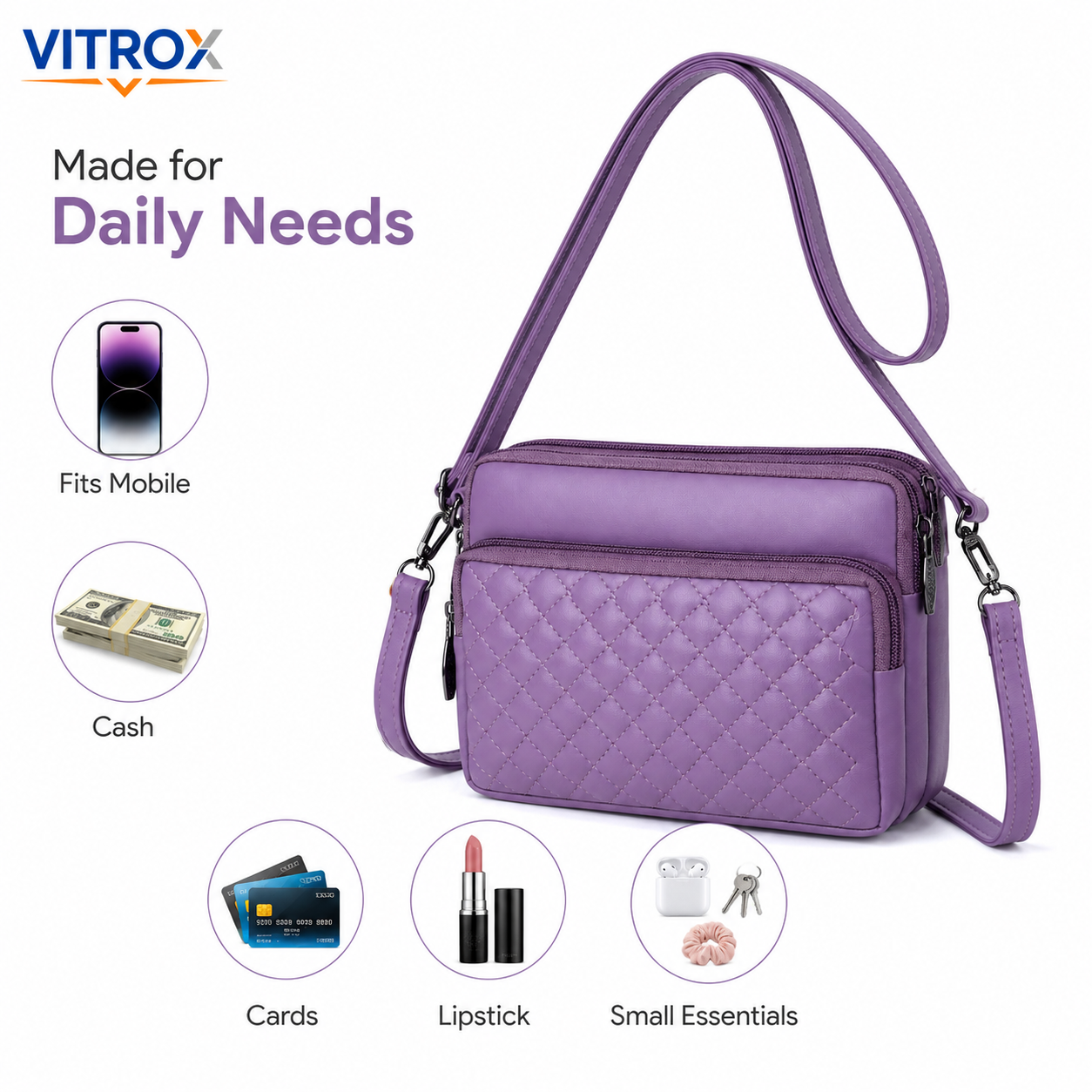 Women’s Quilted Multi-Zip Crossbody Bag