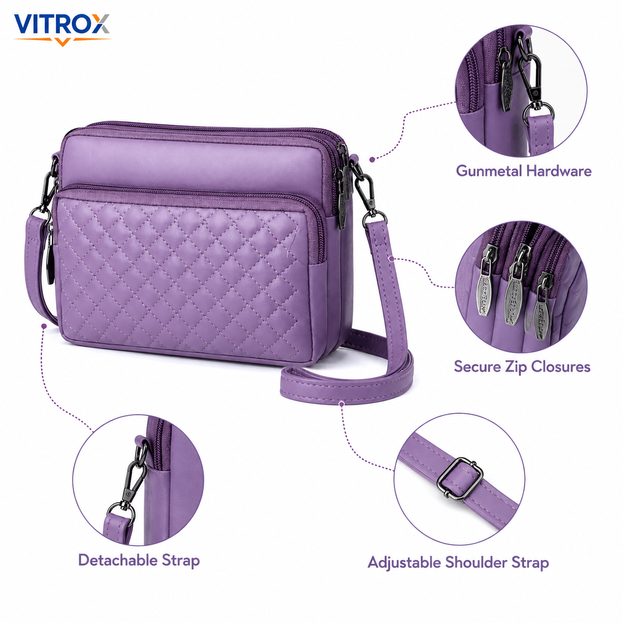 Women’s Quilted Multi-Zip Crossbody Bag