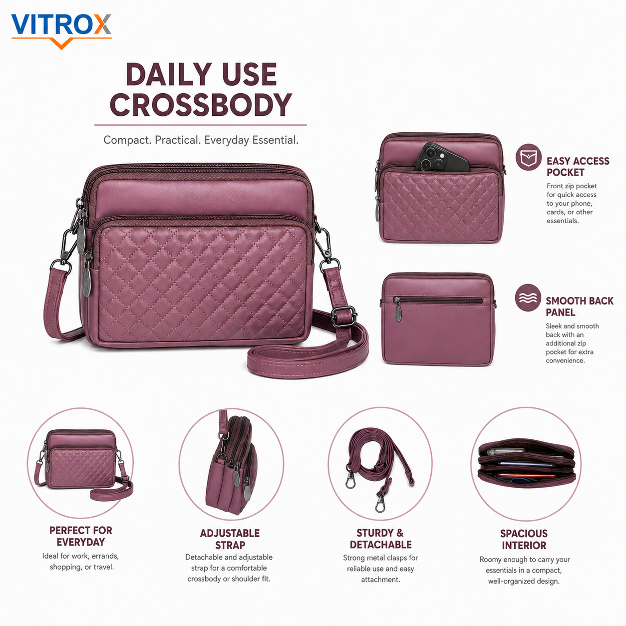 Women’s Quilted Multi-Zip Crossbody Bag