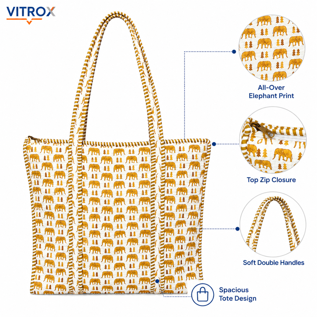 Elephant Print Quilted Tote Bag for Women