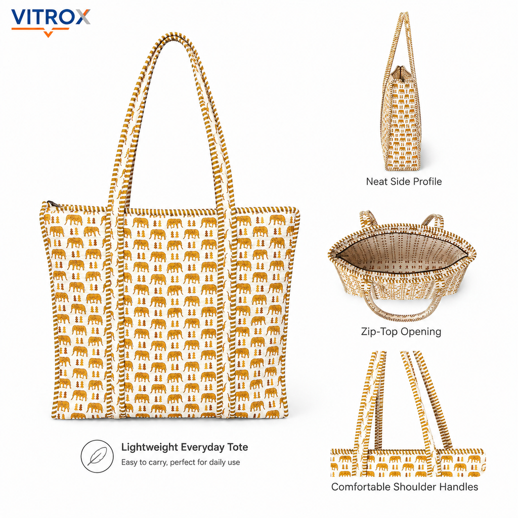 Elephant Print Quilted Tote Bag for Women